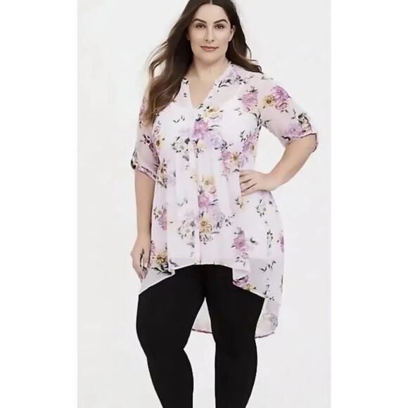 Torrid Tops - Torrid Sheer Pink Floral Lexie Hi Lo Tunic Plus Size 3X Button-Up Romantic Top